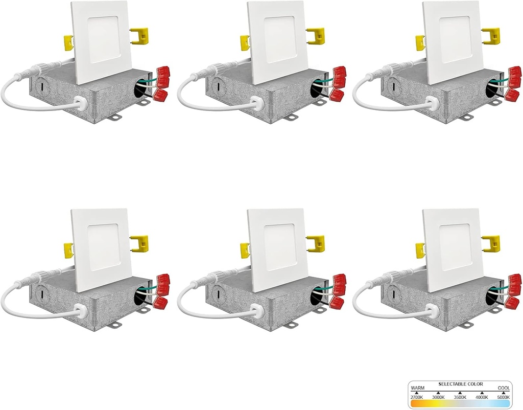 NUWATT 6 Pack 3 Inch Square Ultra-Thin LED Recessed Lighting, Selectable 2700K/3000K/3500K/4000K/5000K, 550 Lumens Dimmable, IC Rated, White Slim Panel Light, Canless Wafer Lights, Metal J-Box