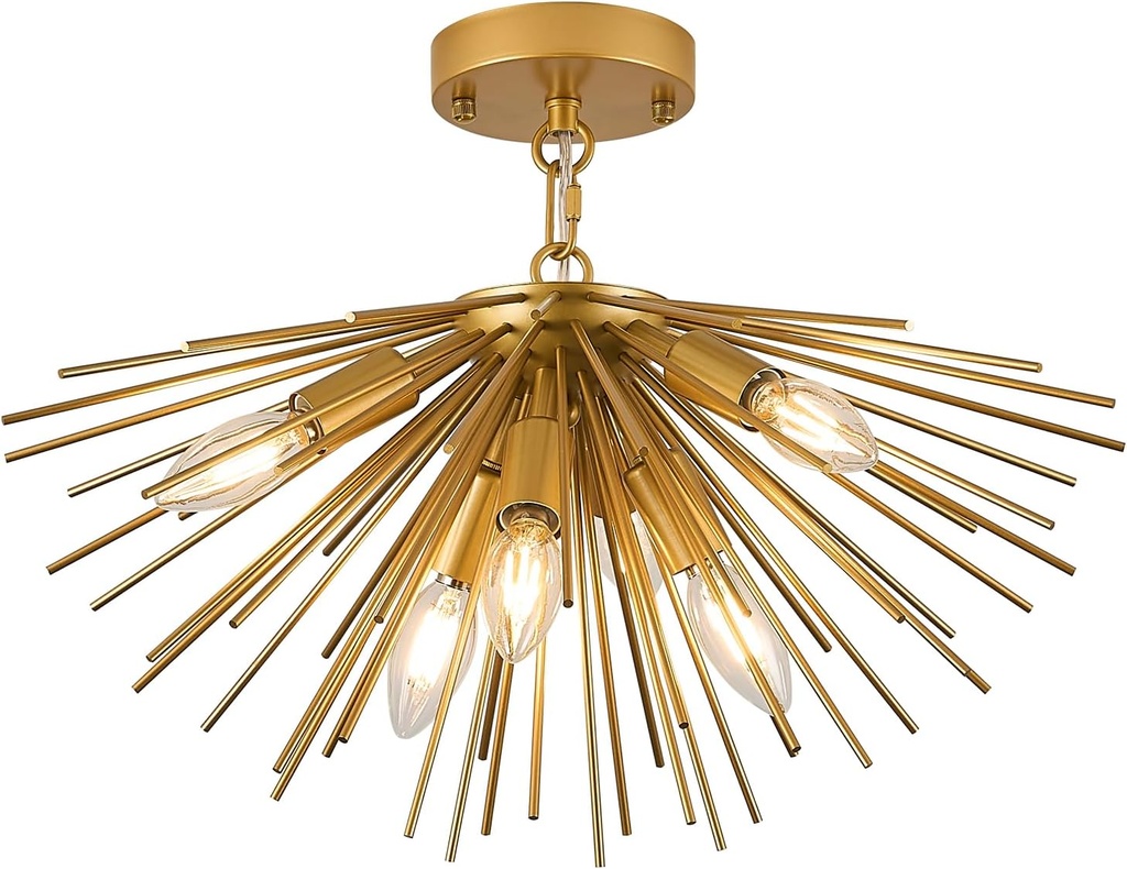 Gold Sputnik Ceiling Light Fixture 6-Light Starburst Chandelier Ceiling Light Mid-Century Modern Satellite Chandelier Solid Metal Urchin Chandeliers for Entry Dining Room Kitchen Sink