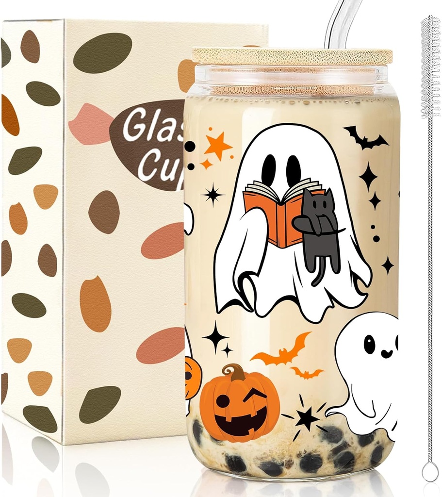Ghost Cups, 16 oz Cute Halloween Cup, Glass Halloween Tumbler with Lid and Straw, Fall Iced Coffee Glass, Spooky Gifts for Women Girls