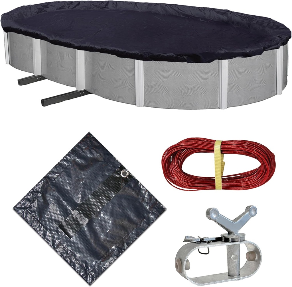 Blue Wave Bronze 8-Year 18 ft x 34 ft Oval Above Ground Pool Cover for Winter– Durable & Weather-Resistant Polyethylene – 4 ft Overlap, Black Underside, Reinforced Grommets, Winch, Cable – Navy Blue