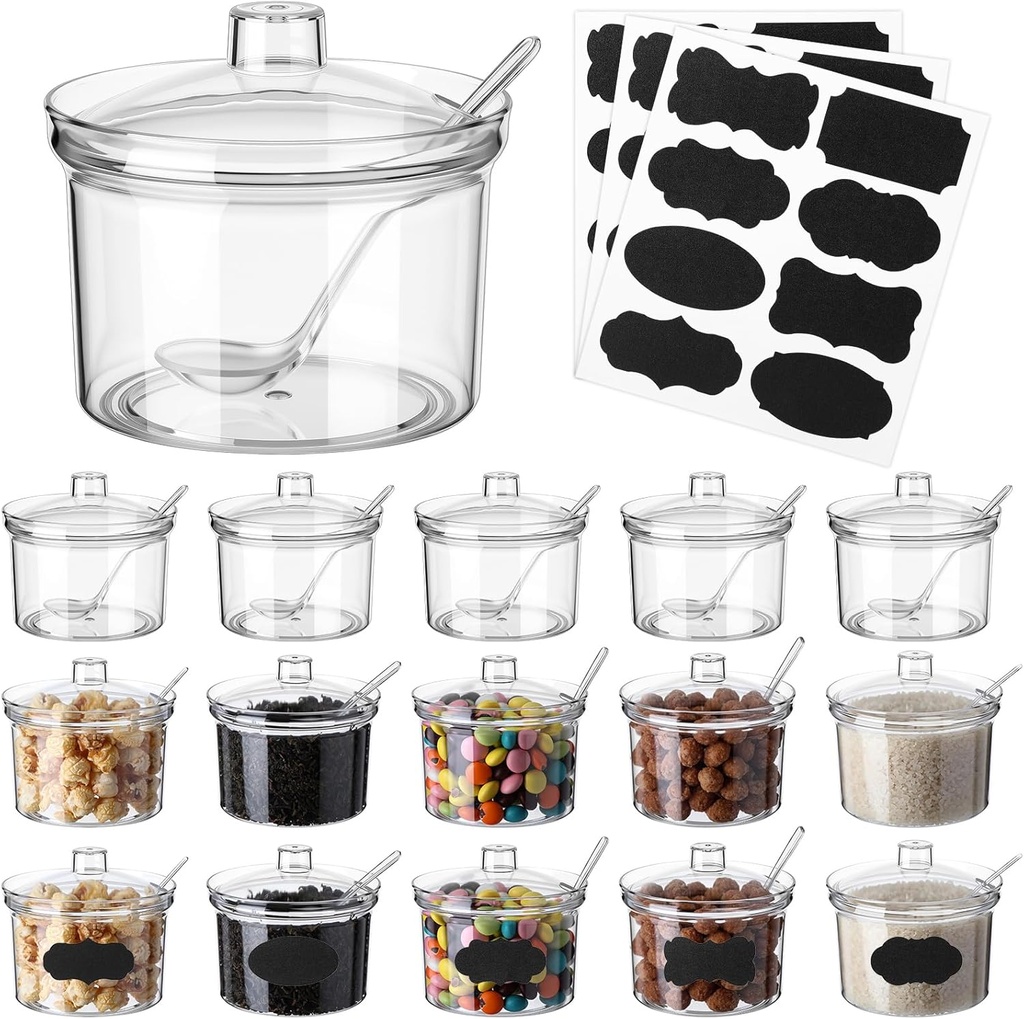 Remerry 20 Pcs Acrylic Sugar Bowl Containers 13.5 oz Clear Sugar Holder Dispenser Salt Bowl with Lid and Spoon with Tag for Home Kitchen Countertop Serving Condiment Candy Coffee Tea Spices Herbs