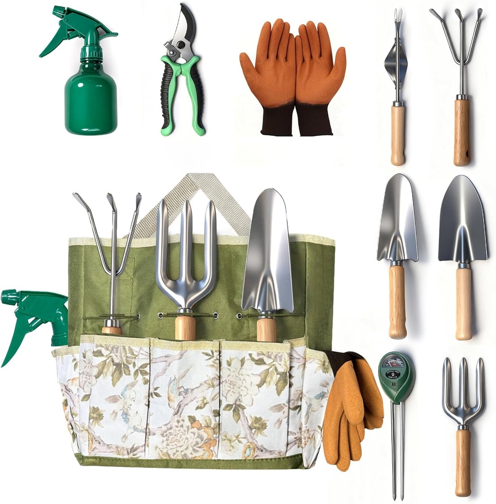 10-Piece Premium Gardening Tools Set-Duty Stainless Steel Rust-Proof Tools with Storage Tote,Perfect Gardening Gifts,Gardening Supplies Set with Hygrometer Suitable for Both Men and Women(Green)