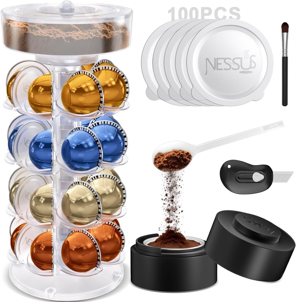 Nessus Vertuo Pods Holder for Nespresso Pods Vertuo, Reusable Pods Kit for Nespresso Vertuo, Refillable Coffee Pods with 100PCS Aluminum Foil Lids, Pod Holder for Nespresso Vertuo Machine