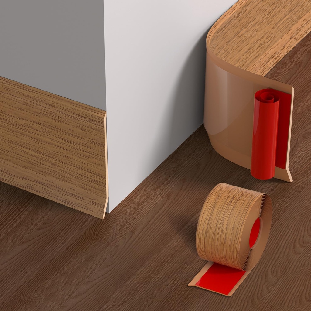 Flexible Baseboard Molding Trim, 4 Inch x 20 Feet Vinyl Wall Base with Wider Self-Adhesive Peel and Stick Cove Base, Rubber Wall Base Moulding Trim, Wooden Brown