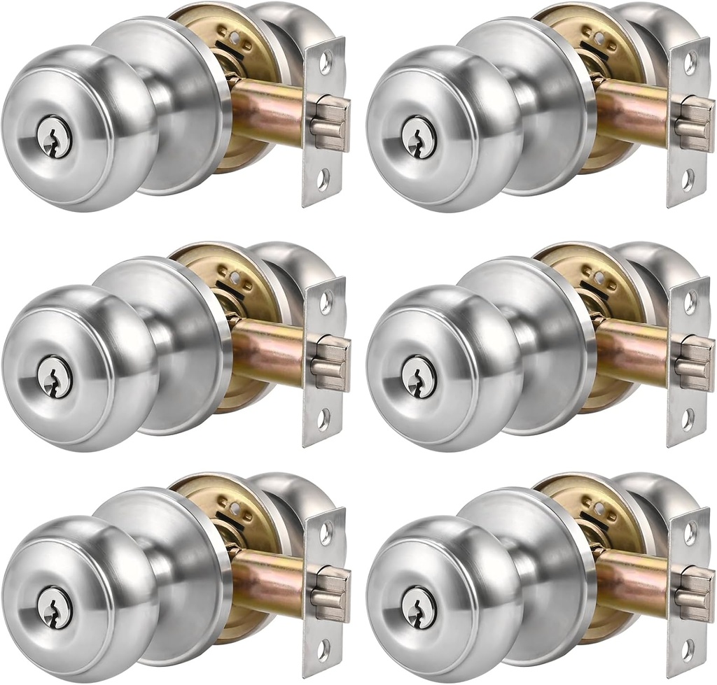 6pcs Door Knob with Lock & Different Keys, 60/70mm Adjustable Latch Exterior Door Lock Set, Silver Door Knobs Interior Locks for Bedrooms Bathroom, Entry Door Locksets
