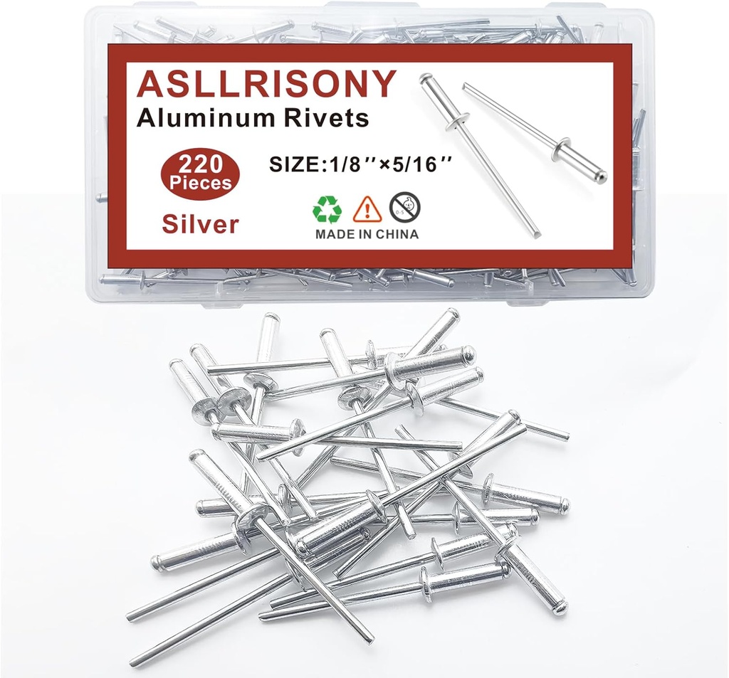 220pcs Silver 1/8" x 5/16" Aluminum Blind Rivets, 3.2 x 8mm Pop Rivets,Aluminum Grip and Steel Mandrel