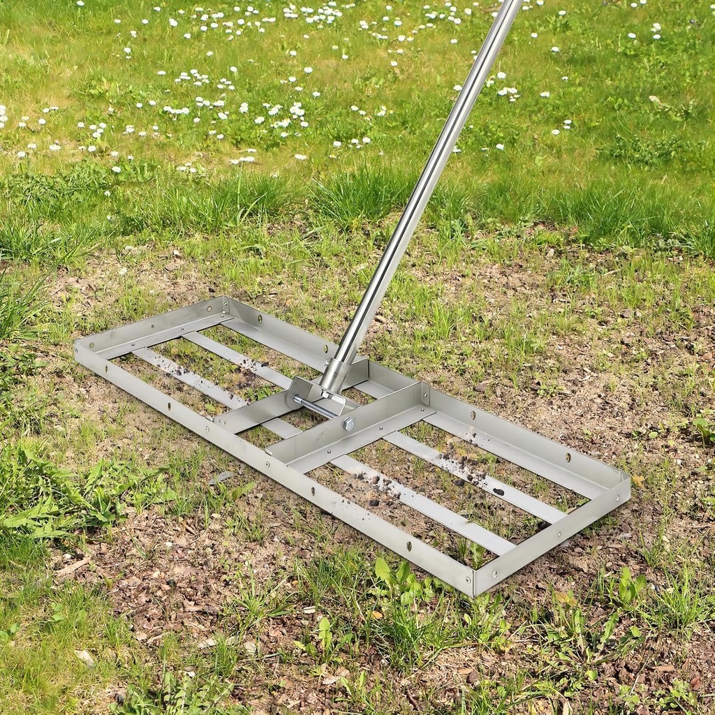 PioneerWorks 48"×10" Stainless Steel Lawn Leveling Rake, Lawn Leveler Rake 180° Flexible Rotation & 6FT Extra Long Handle Rake, HeavyDuty Level Yard Tool for Backyard Garden Farm Golf Course Pasture