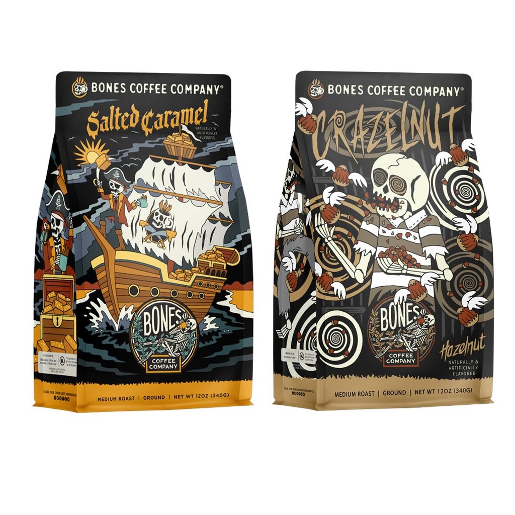 Bones Coffee Company Crazelnut and Salted Caramel Flavored Coffee, Medium Roast Low Acid Arabica Beans | Auto drip and French Press Coffee Maker, 12 Oz Ground