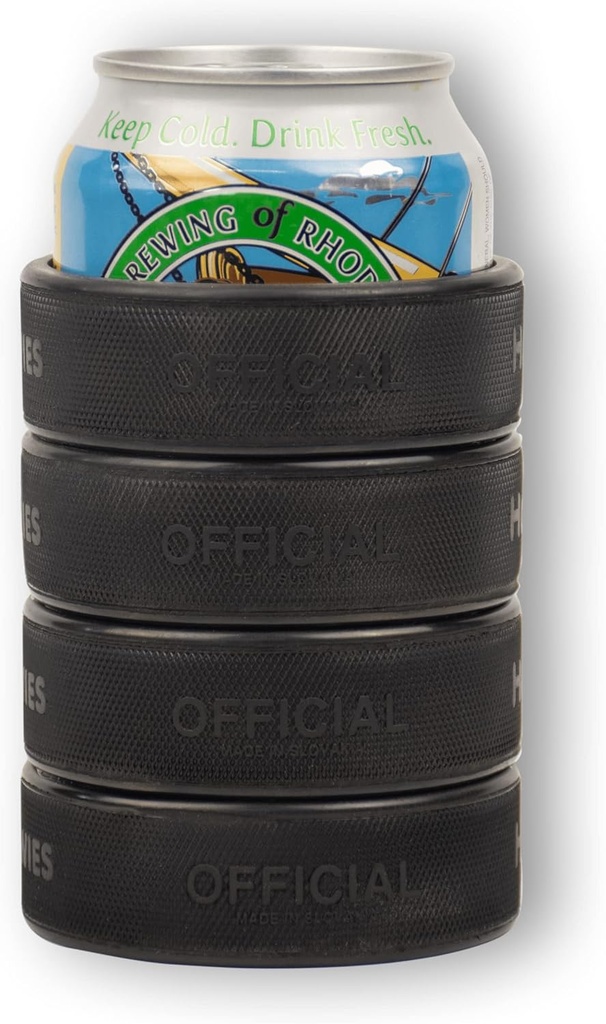 Beer Can Cooler Made from 4 Real Ice Hockey Pucks, 12oz Insulated Holder for Hockey Dad Gifts, Black (1)