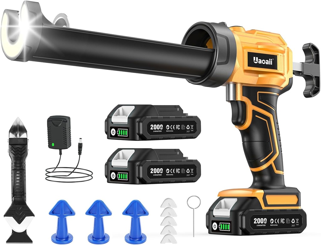 Electric Caulking Gun, Cordless Caulking Gun w/ 2 Batteries, 9Pcs Silicone Caulking Tools, 4 Adjustable Speeds, LED Light, 10OZ/300ML Caulk Gun Drip-Free Adhesive for Filling, Sealing