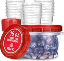 16oz Plastic Containers with Red Twist Top Lids (10 Pack) – 2-Cup Freezer Containers for Leftovers, Airtight Reusable Soup Storage, Microwave & Dishwasher Safe