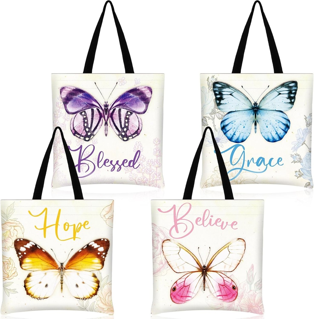 Aliceset 4 Pcs Christian Canvas Tote Bags for Women Flower Butterfly Aesthetic Shoulder Bags Inspiration Reusable Faith Bible Bag Christmas Christian Gifts for Teachers, Mom Beach Shopping, 4 Styles