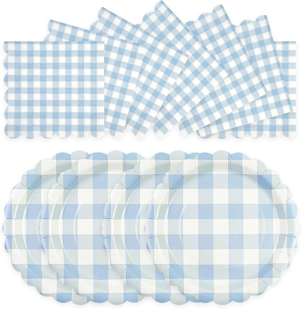 50PCS Light Blue Gingham Party Supplies - 7Inch Blue Scalloped Dessert Paper Plates and Napkins Set Disposable Plaid Dinner Party Set Cutlery for Baby Shower Birthday Wedding, Serve 25