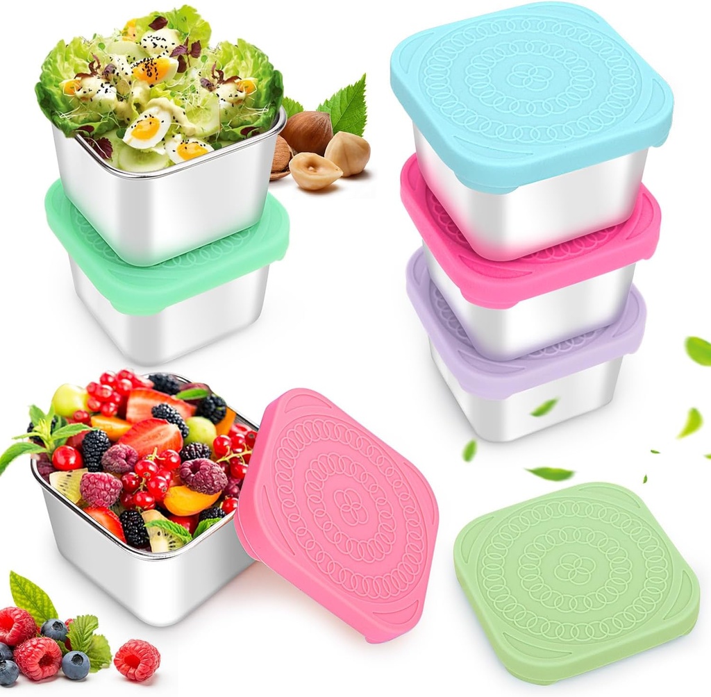 6PACK 6OZ Stainless Steel Snack Containers, Leak Proof 304 Stainless Steel Sauce Food Lunch Box Storage Containers with Silicone Lids Stackable Reusable Small Metal Lunch Bento Boxes Set, Easy Open