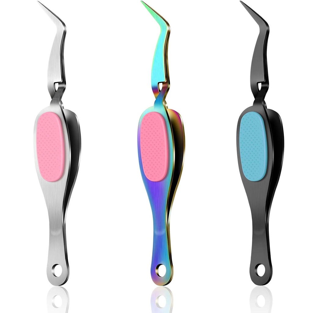 Honoson Craft Tweezers Cross Locking Precision Tweezers Stainless Steel Soft-grip Tool Pointed Tip Cutting Pliers for DIY Craft Jewelry Eyelash Extensions Nail Beading Tool(Curved Style,3 Pieces)
