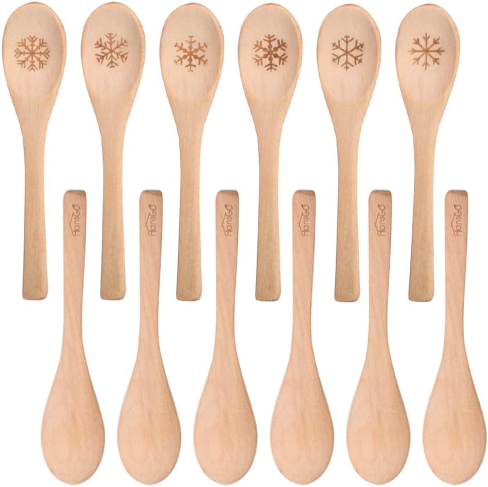 HANSGO Small Wooden Spoons, 6PCS Christmas Small Soup Spoons with Snowflake Pattern for Eating with Coffee Tea Jam Honey Spices and Restaurant Decoration