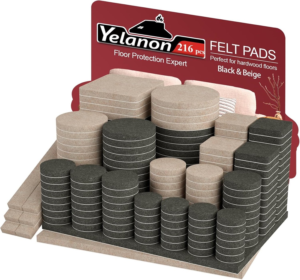 Yelanon Felt Furniture Pads for Hardwood Floors -216 Pcs Premium Felt Pads for Chair Legs, Floor Protectors for Furniture, Beige & Black