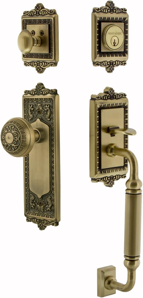 Nostalgic Warehouse 719401 Egg and Dart C Grip Entry Set & Knob, Backset - 2.375", Antique Brass