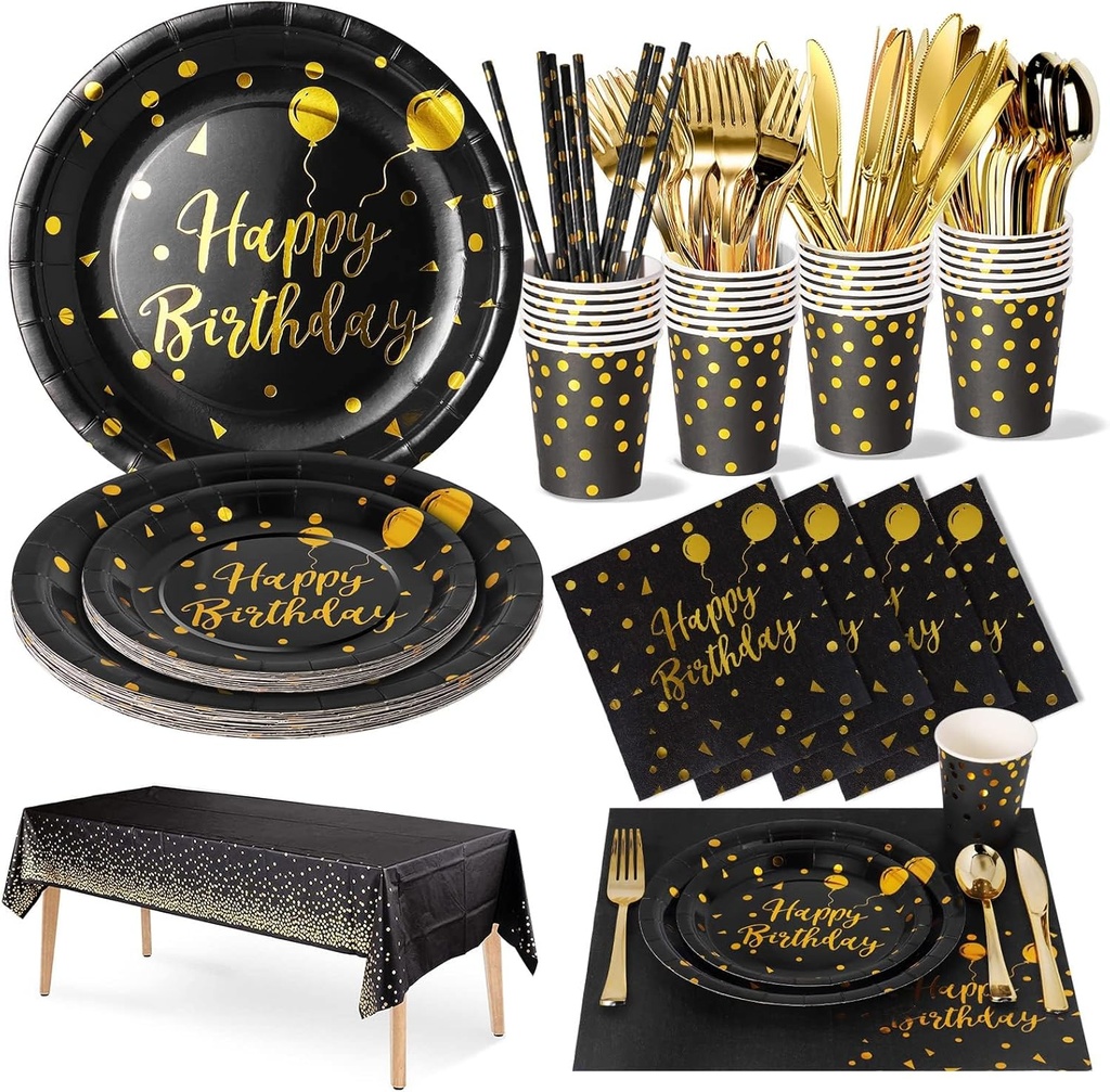 Birthday Party Tableware, 161 Pieces Black Gold Party Supplies, Party Dinnerware Sets Include Paper Plates Napkins Cups Silverware, for Shower Engagement Parties Decoration -20 Serves