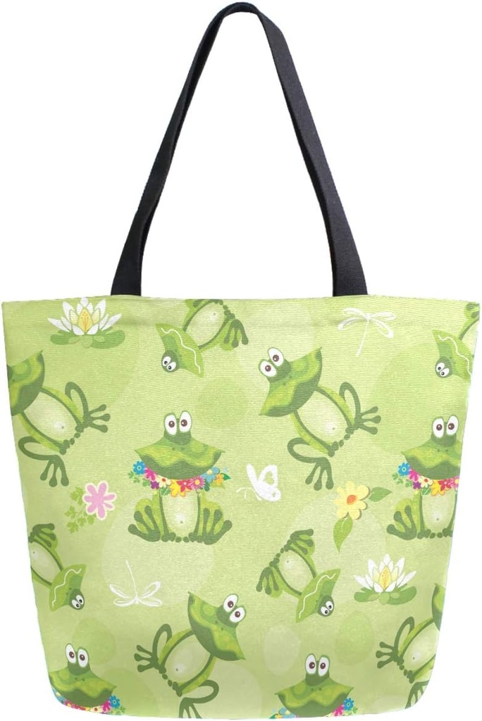 Chic Extra Large Shoulder Grocery Tote Bag, Cute Cartoon Lotus Pond Frog Dragonfly Butterfly Canvas Reusable Handle Bags for Men Women Gym Weekender Picnic Beach Travel Home Storage Market Shopping