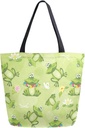 Chic Extra Large Shoulder Grocery Tote Bag, Cute Cartoon Lotus Pond Frog Dragonfly Butterfly Canvas Reusable Handle Bags for Men Women Gym Weekender Picnic Beach Travel Home Storage Market Shopping