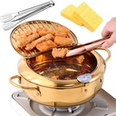 Japanese Deep Fryer Pot, 304 Stainless Steel Frying Pot with Thermometer and Oil Drip Drainer Rack & Lid, 11"/4.4Qt Extra Large Tempura Frying Pot for Fries, Chicken etc (Gold,28cm/11in)
