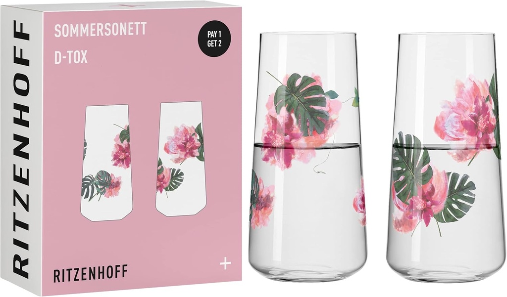 RITZENHOFF 6151001 Universal Glass Set - Summer Sonett Series - 2 Pieces with Flower Motif - Made in Germany - Pink