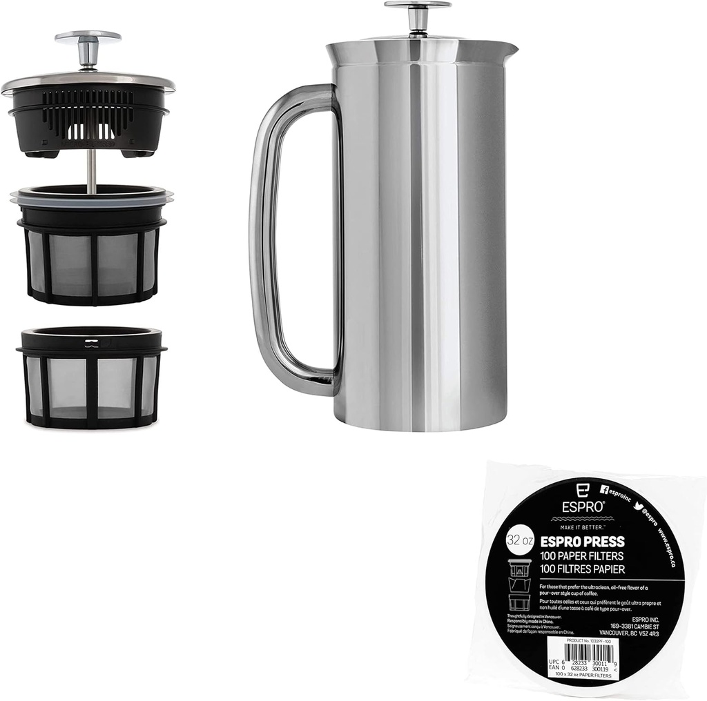 ESPRO P7 French Press Double Walled Stainless Steel Insulated Coffee and Tea Maker with Micro-Filter (Polished Stainless Steel, 32 Oz) Coffee Paper Filters (100 Count)