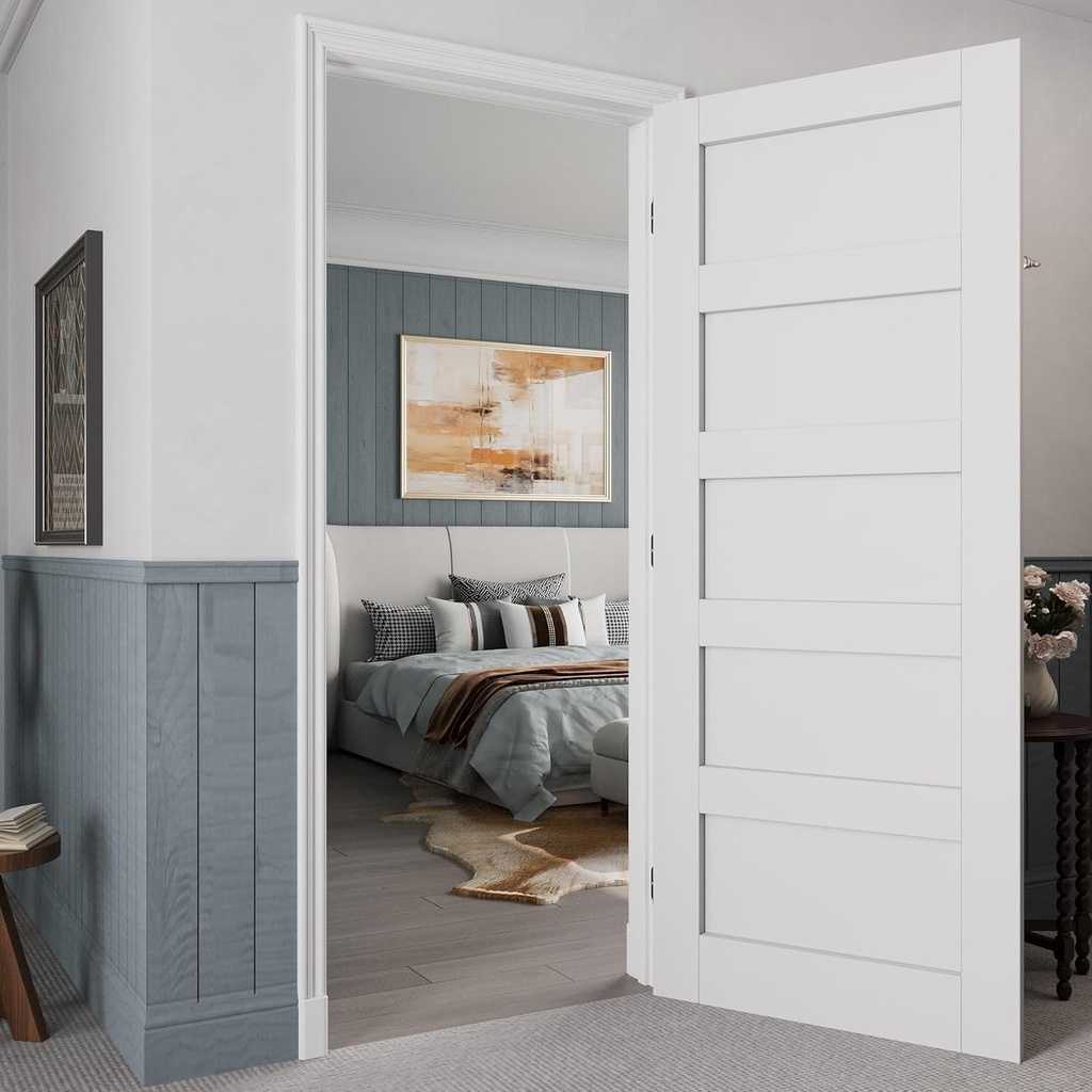 32" x 80" Prehung Door Interior, 5-Panel Paintable Prefinished Surface Solid Core Door Slab with Easy Assembly Jamb Kit, Black Hinges, Left Hand Inswing for Pantry, Bedroom