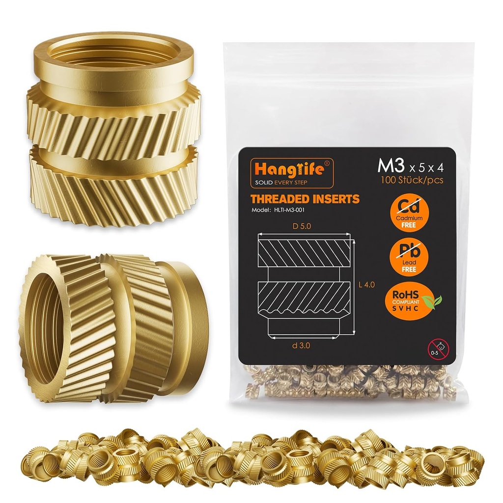 HANGLIFE Heat-Set Threaded Inserts, M3 Heat Set Insert for 3D Printing Components and Plastic Parts - Brass Metric Knurled Nuts (100 Pieces)
