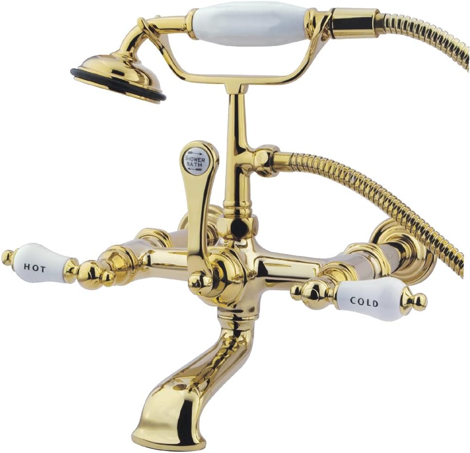 Kingston Brass CC545T2 Vintage 7-Inch Spread Wall Mount Leg Tub Filler with Hand Shower, Polished Brass
