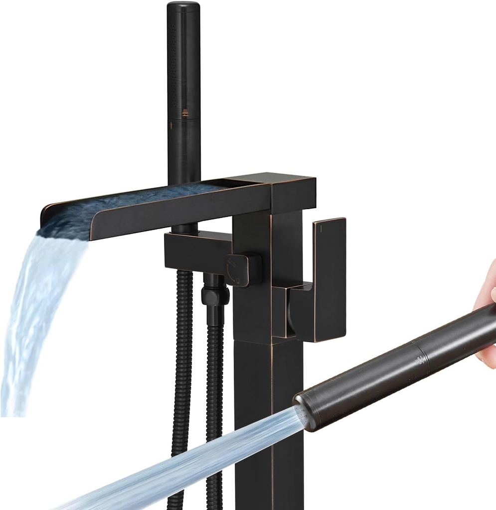 BESy Freestanding Bathtub Faucet Waterfall Tub Filler Oil Rubbed Bronze Floor Mount Brass Single Handle Bathroom Tub Faucets with 2 Function Hand Shower Wand