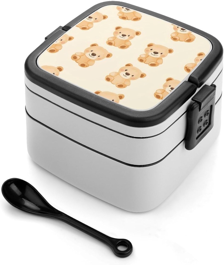 Cute Teddy Bears Pattern Portable Bento Box with Handle 2 Compartment Leak-Proof Stackable Lunch Box for Work Picnic Camping