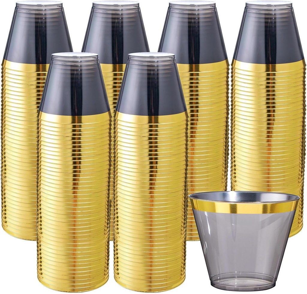 Superrnal 100pcs Gold and Black Plastic Cups 9OZ Elegant Gold Rimmed Clear Party Cups Fancy Disposable Wedding Cup Plastic Cup for Party,Gatherings, Afternoon Tea