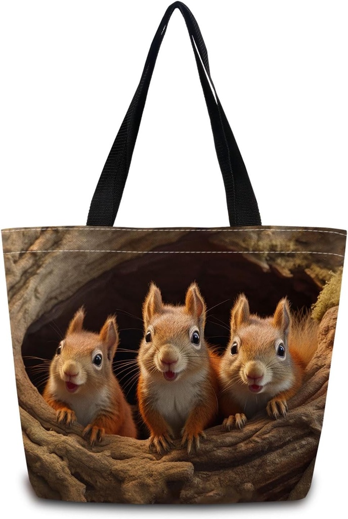 Squirrels Tote Bag Reusable Grocery Bags Cute Aesthetic Shopping Shoulder Handbag with Interior Zipper Pocket Lightweight & Washable Stylish Squirrels Present for Women