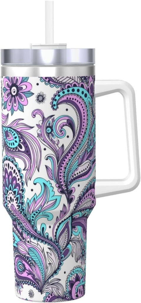 Blue Teal Purple Paisley 40 Oz Tumbler With Handle And Straw Lid, Insulated Reusable Stainless Steel Travel Mug Iced Tea Or Coffee, Smoothie And More