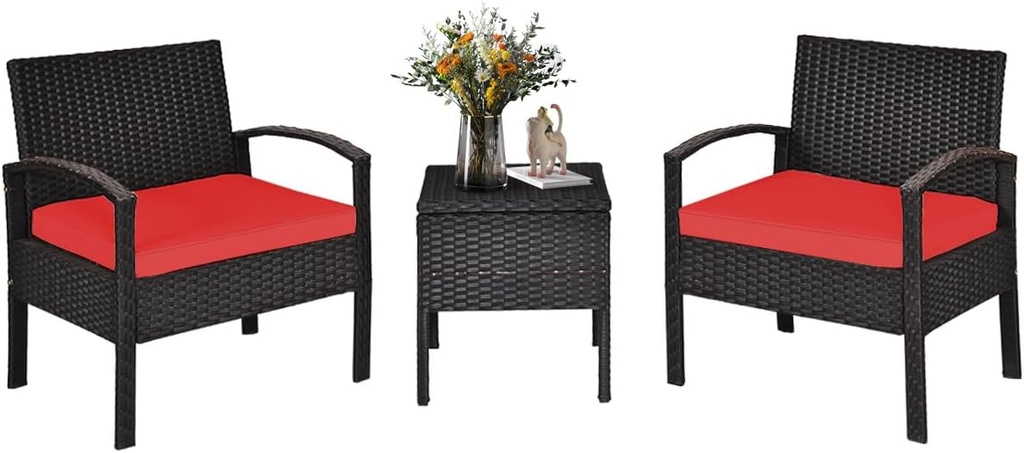 DORTALA 3 Piece Wicker Patio Furniture Set, Outdoor Conversation Bistro Sets with Rattan Chairs & Storage Table for Backyard Porch Garden Poolside, Red
