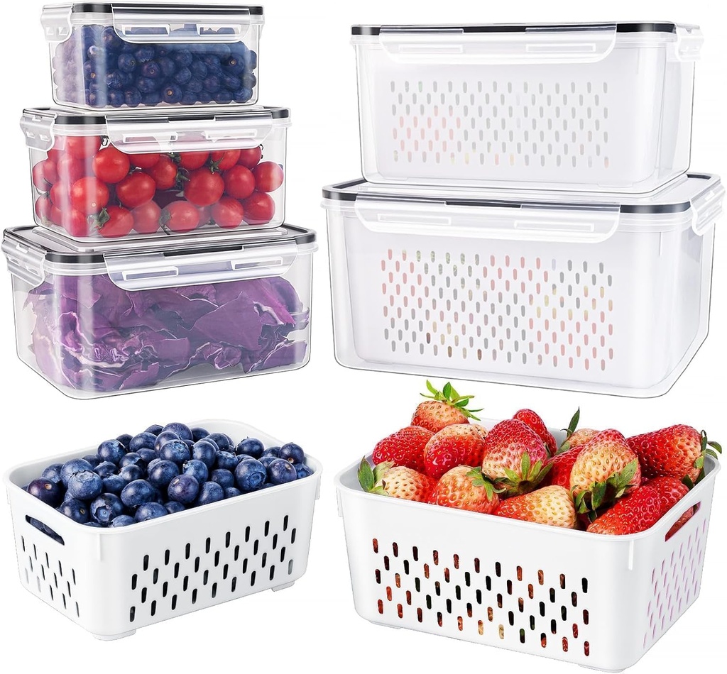 5 PCS Large Fruit Containers for Fridge - Leakproof Food Storage Containers with Removable Colander - Dishwasher & microwave safe Produce Containers Keep Fruits, Vegetables, Berry, Meat Fresh longer
