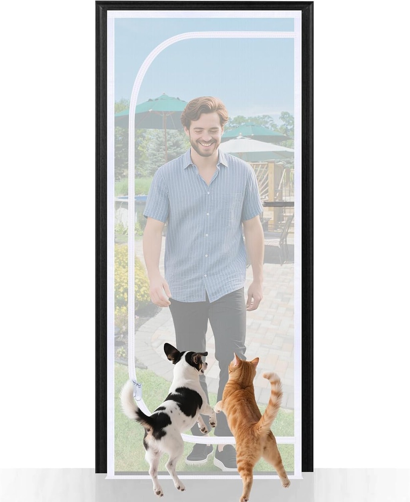 Reinforced Cat Screen Door, Fits Door Size 30''x 80'', Durable Pet Resistant Mesh Screen with Zipper, Hook and Loops for Home Living Room Kitchen Bedroom Doors