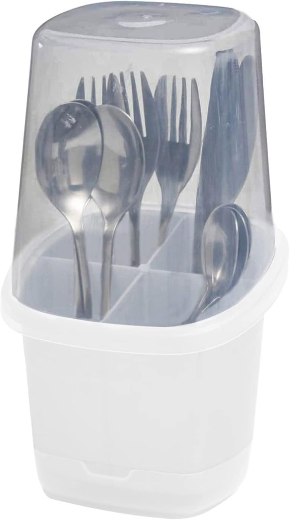 Toledo Covered Cutlery and Utensil holder, Flatware Plastic Caddy Organizer for Silverware with Cover top Perfect for Kitchen, picnic, home, BBQ, Party, Camping, Outdoor and Restaurant (White)