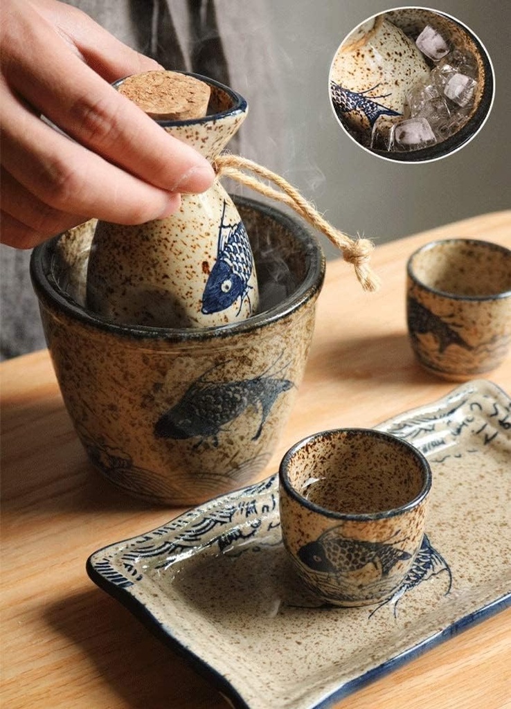 Sake Set,Japanese Traditional Sake Set of 7 Pieces with Warmer Porcelain Crafts Black Ceramic for Home Traditional Hand Painted Sake Set 1027