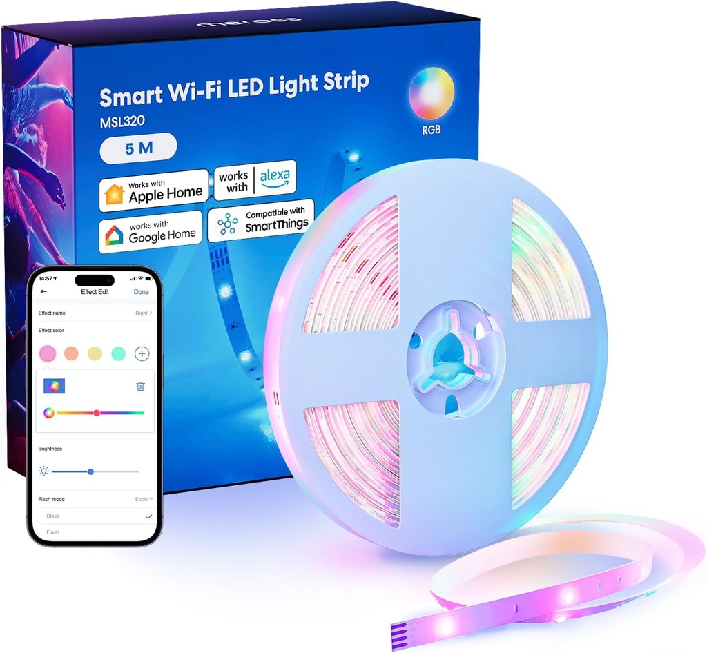 meross Smart LED Strip Lights Works with Apple HomeKit, 16.4ft WiFi RGB Strip, Compatible with Siri, Alexa&Google and SmartThings, App Control, Color Changing Led Strips for Bedroom, TV