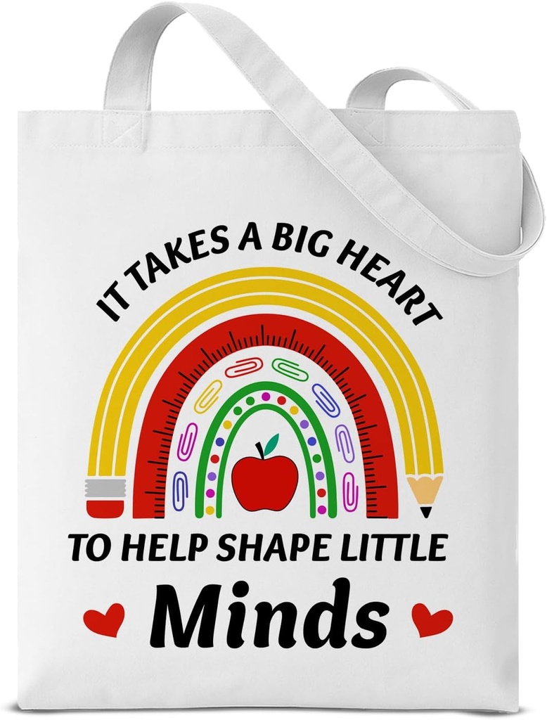 Dumyum It Takes a Big Heart to Shape Little Minds Canvas Tote Bag Teacher Gifts for Women Teacher Appreciation Gifts Aesthetic Reusable Grocery Shoulder Bag for Shopping Travel Daily Commute