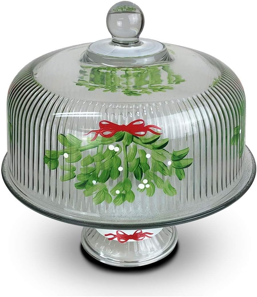 Hand Painted Cake Stand with Cover - Mistletoe Love Collection - Hand Painted Glassware by USA Artists - Unique and Decorative Cake Dome, Kitchen Table Décor, Holiday