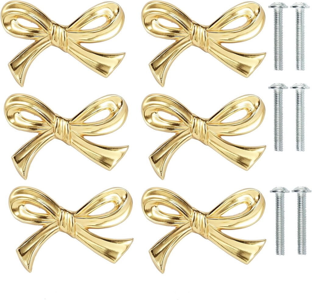 6Pcs Gold Bow Knobs for Dresser, Bow Drawer Knobs, Solid Brass Bow Shape Bow Cabinet Knob, Compact Bow Drawer Pulls Decorative, Elegant Bow Dresser Knobs Handle, Beautiful Bow Furniture Knobs for Home