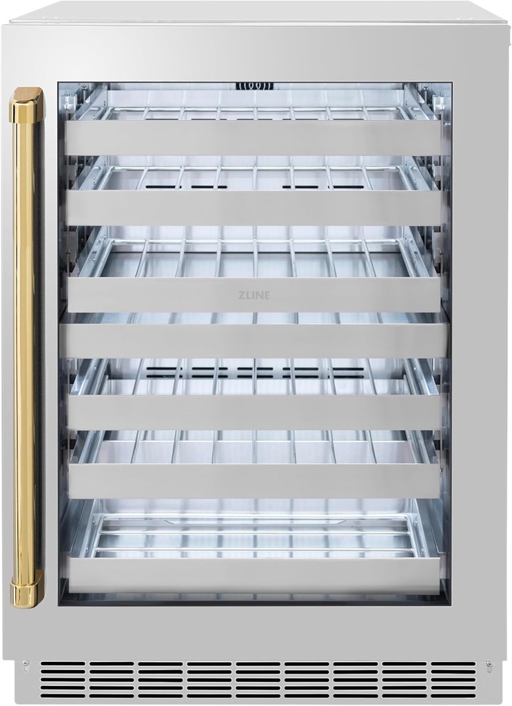 ZLINE Autograph Edition 24 in. Touchstone Dual Zone 44 Bottle Wine Cooler With Stainless Steel Glass Door And Polished Gold Handle (RWDOZ-GS-24-G)
