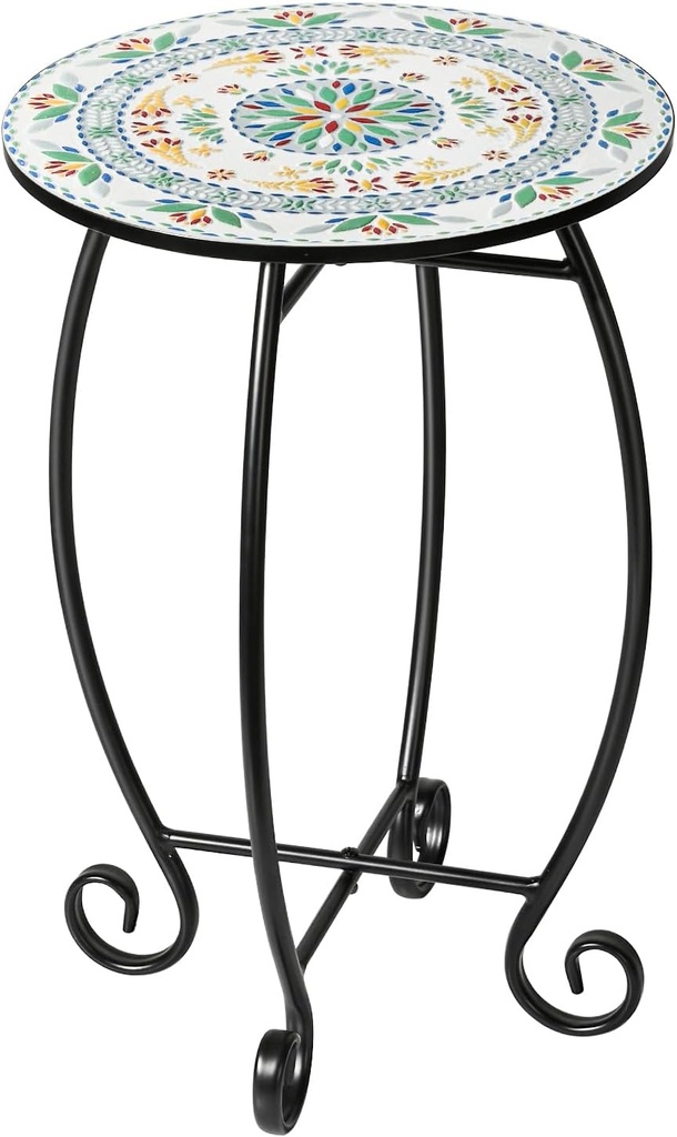 Side Table, 14" Round End Table, Unique Relief Ceramic Tile Tabletop with Metal Frame, Metal Scrollwork Accent Table, Coffee Tea Table Nightstand for Living Room, Bedroom, Indoor Outdoor Use
