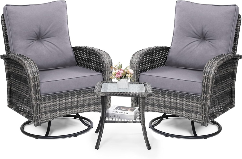 Luxury Outdoor Swivel Wicker Glider Patio Chairs with Table Set, Overstuffed Washable Cushions, Ideal for Porch, Balcony, Deck, Grey Rattan and Grey Cushion