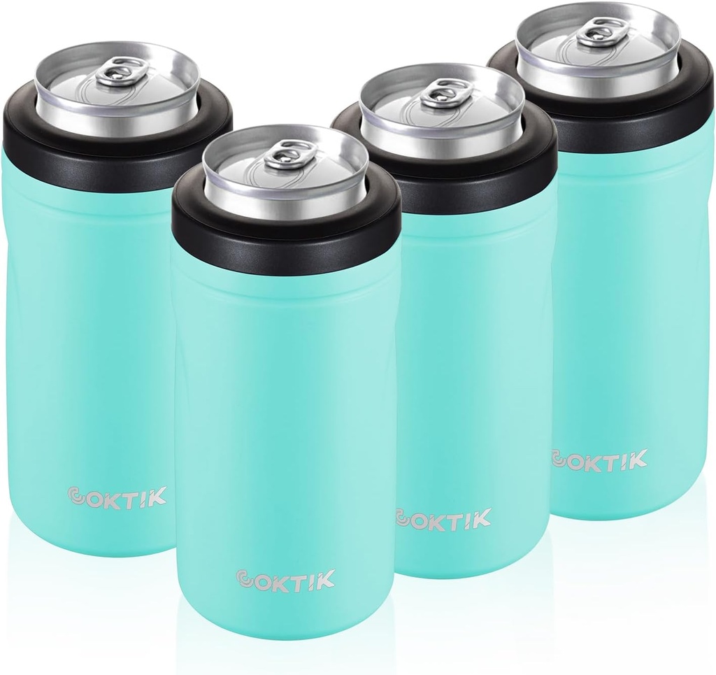 COKTIK 4 in 1 Insulated Can Cooler, 4 Pack Double Wall Slim Can Cooler Set for 12 oz Regular or Slim Cans & Beer Bottle (Blue)