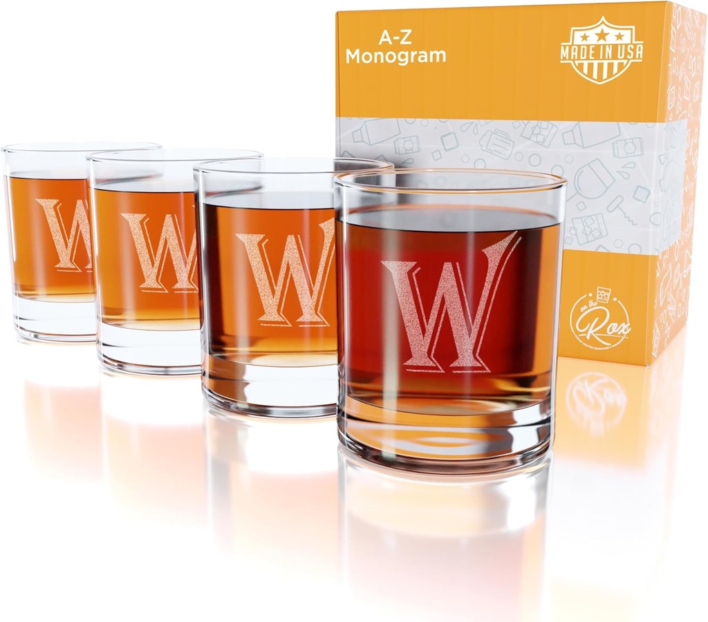 (W-Monogram)- 4 Piece Set of 11 Ounce Engraved Heavy Base Rocks Glasses- Quality Elegant Glass-Multi-Purpose Beverage-Rocks Glass- For any Occasion- By: On The Rox